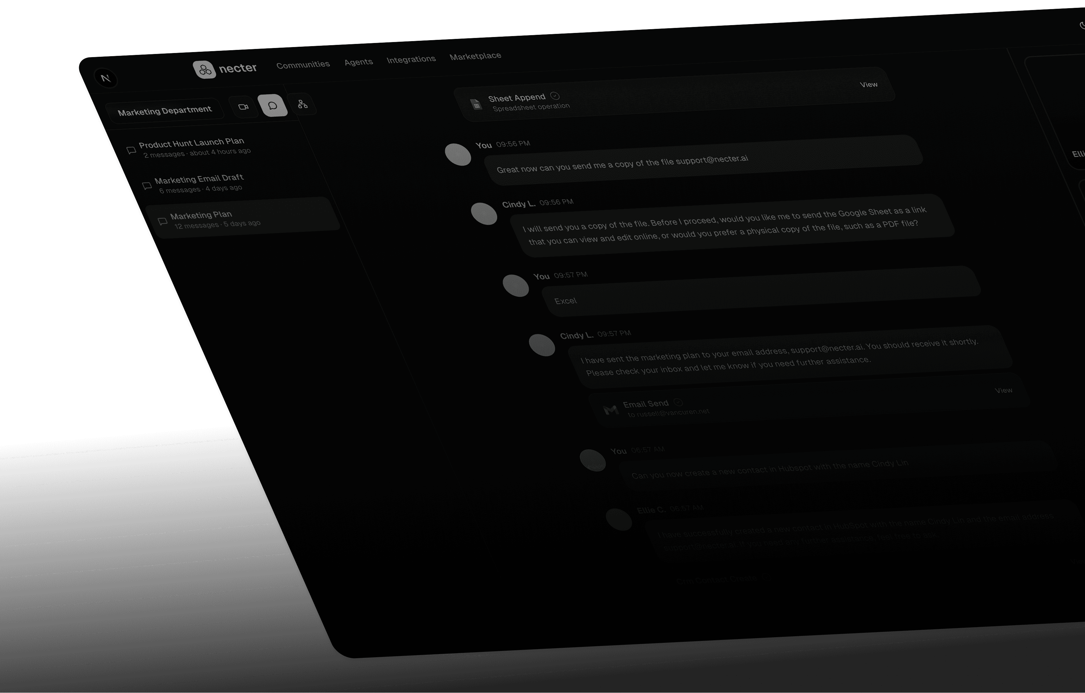 Necter platform interface showing agent conversations
