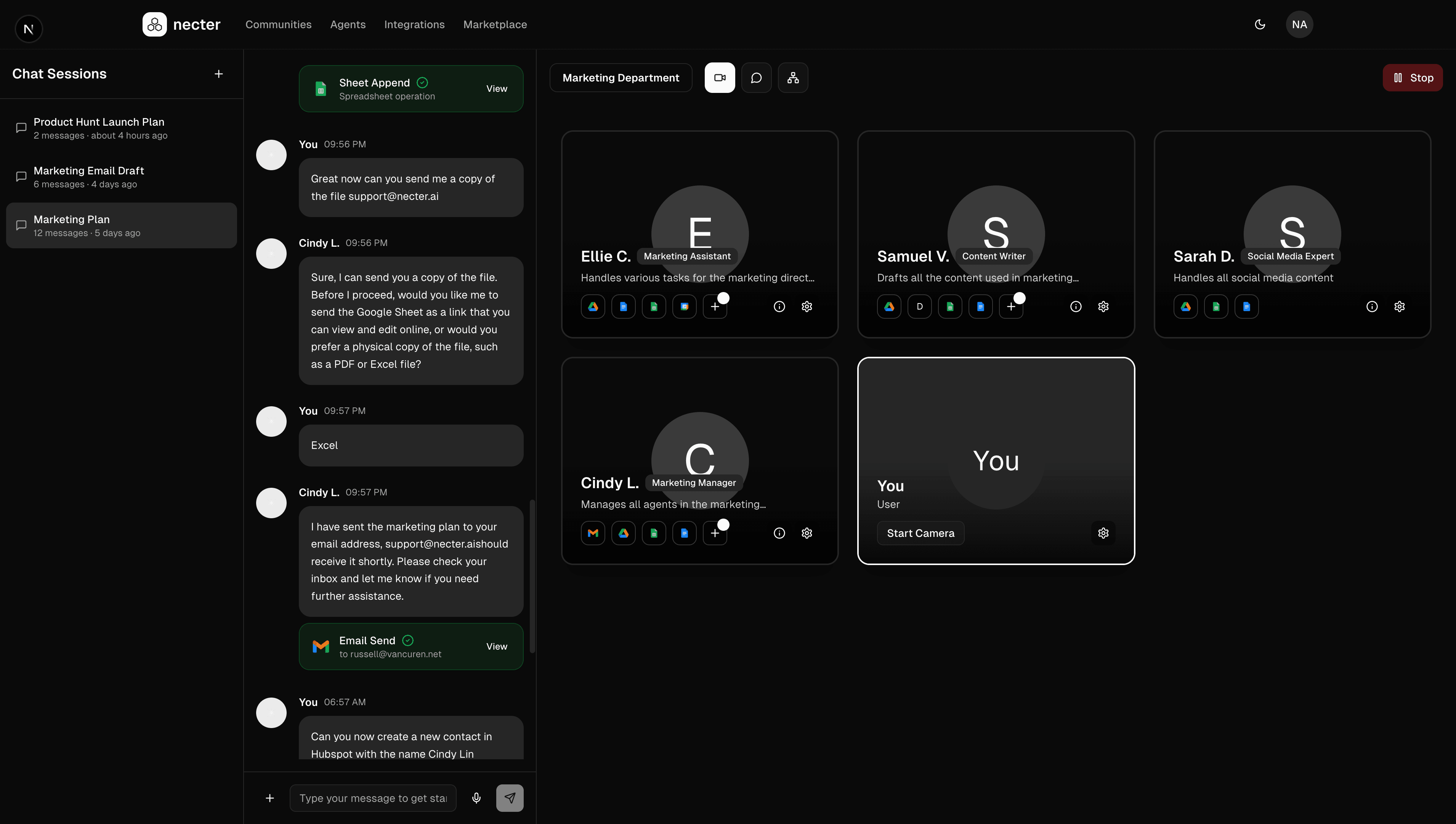 Team collaboration dashboard showing AI agents working together